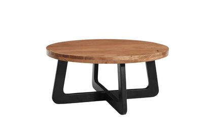 Set Of Two Natural and Black Solid Wood and Iron Round Cross Legs Coffee Table