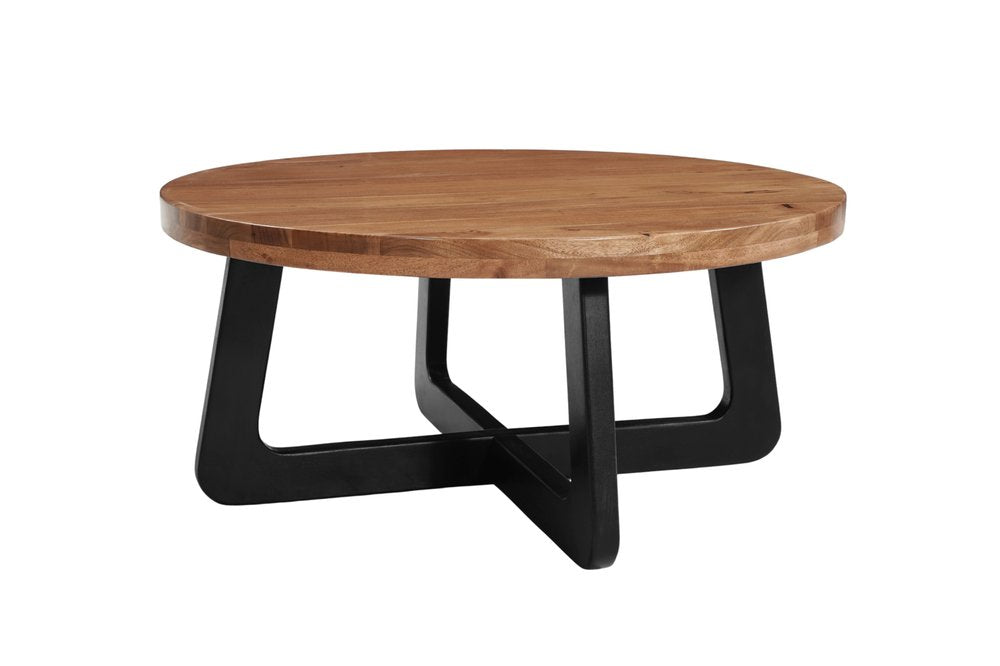 Set Of Two Natural and Black Solid Wood and Iron Round Cross Legs Coffee Table
