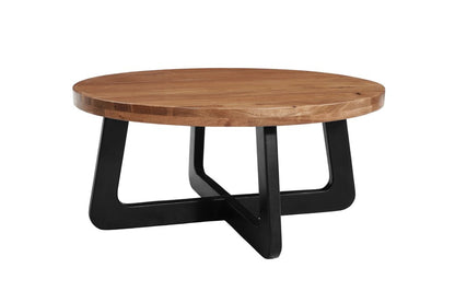Set Of Two Natural and Black Solid Wood and Iron Round Cross Legs Coffee Table