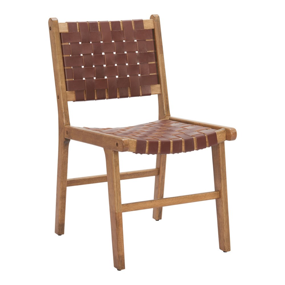 Set of Two Brown Solid Wood and Leather Dining Side Chairs