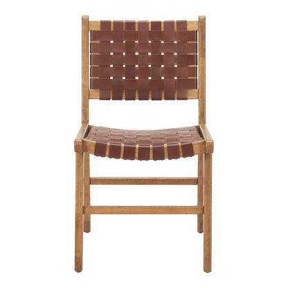Set of Two Brown Solid Wood and Leather Dining Side Chairs