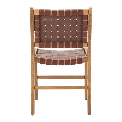 Set of Two Brown Solid Wood and Leather Dining Side Chairs