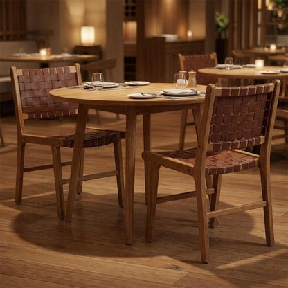 Set of Two Brown Solid Wood and Leather Dining Side Chairs