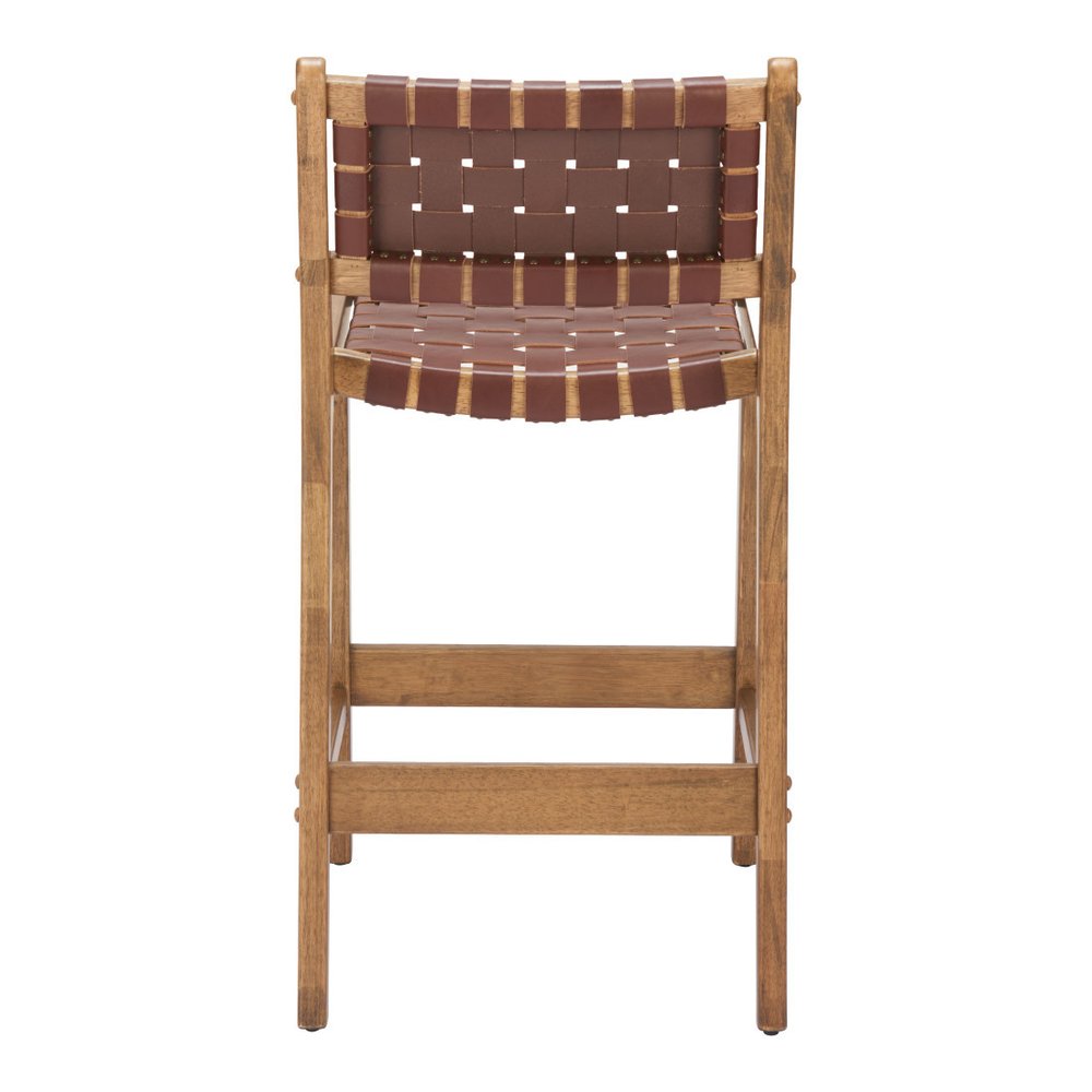 Set of Two 26" Brown Leather And Solid Wood Low Back Counter Height Bar Chairs