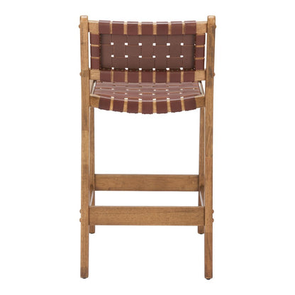 Set of Two 26" Brown Leather And Solid Wood Low Back Counter Height Bar Chairs
