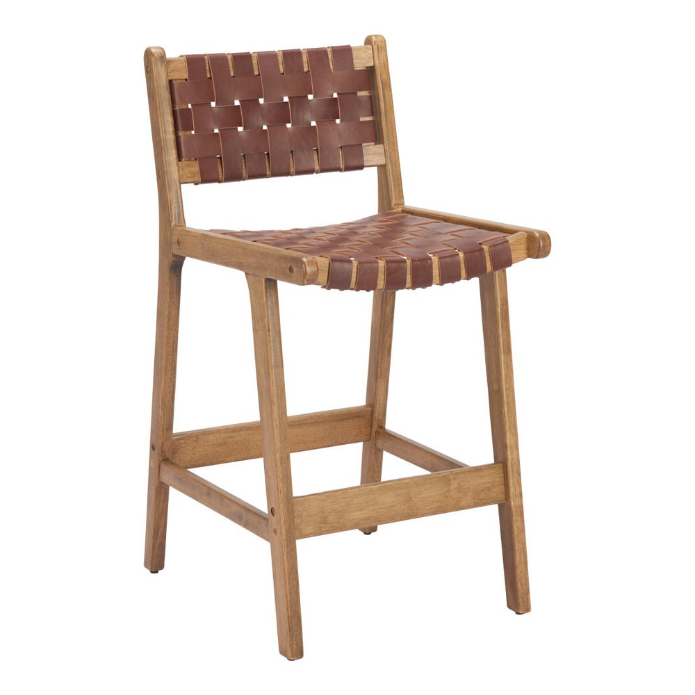Set of Two 26" Brown Leather And Solid Wood Low Back Counter Height Bar Chairs