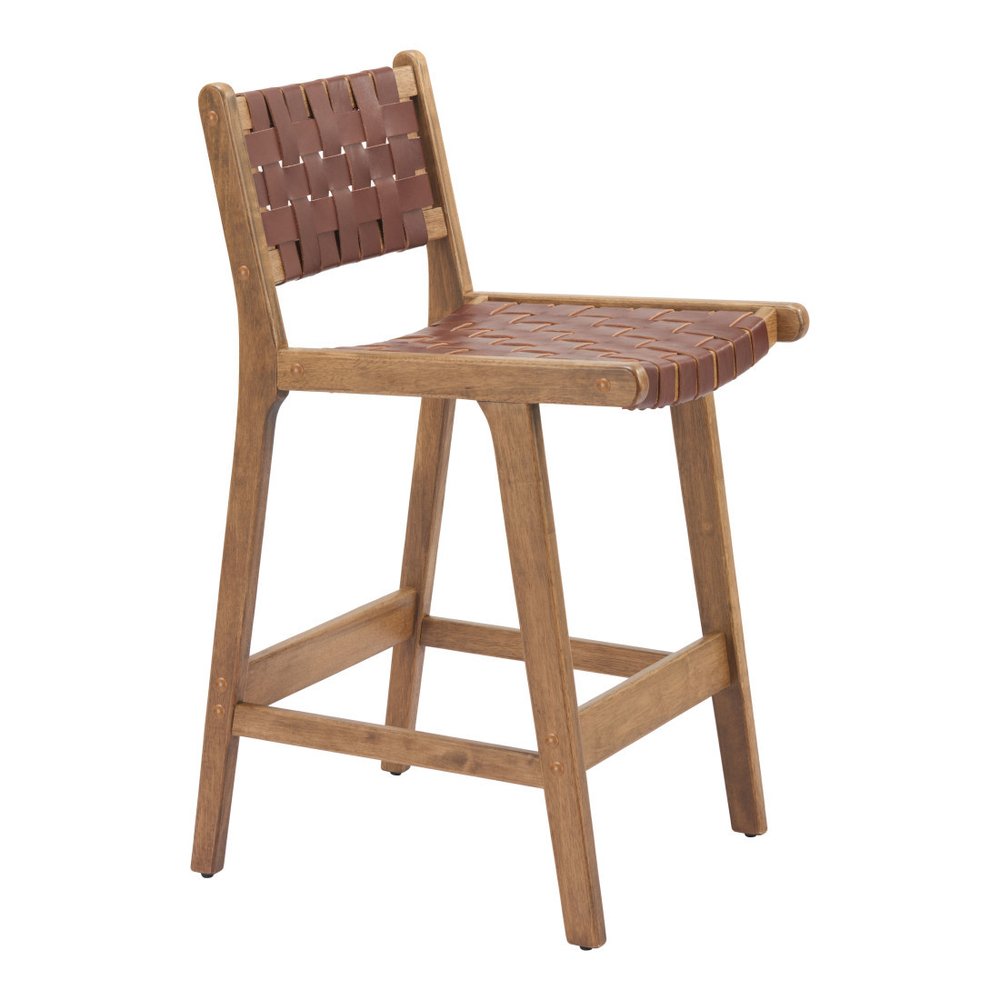 Set of Two 26" Brown Leather And Solid Wood Low Back Counter Height Bar Chairs