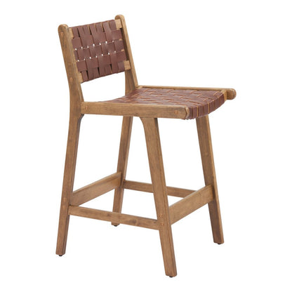 Set of Two 26" Brown Leather And Solid Wood Low Back Counter Height Bar Chairs