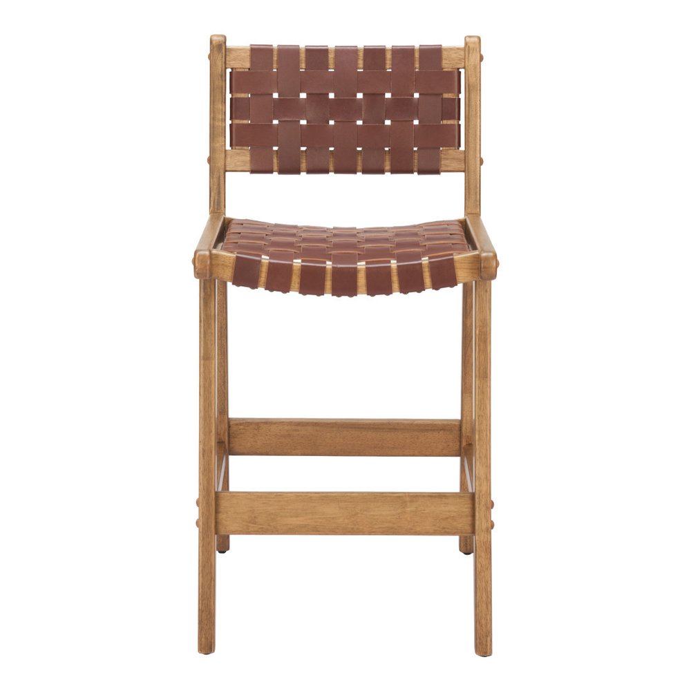 Set of Two 26" Brown Leather And Solid Wood Low Back Counter Height Bar Chairs