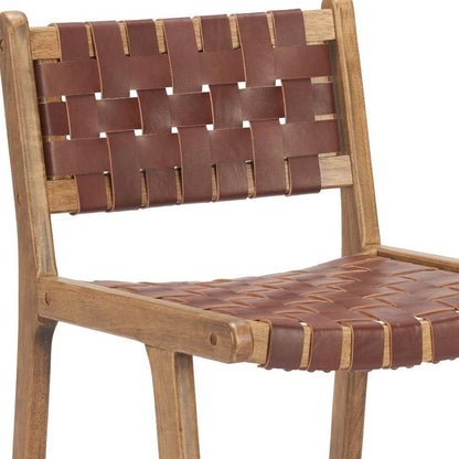 Set of Two 26" Brown Leather And Solid Wood Low Back Counter Height Bar Chairs