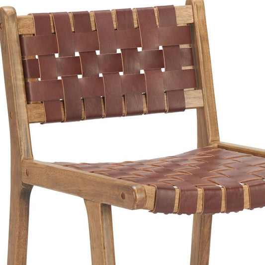 Set of Two 26" Brown Leather And Solid Wood Low Back Counter Height Bar Chairs