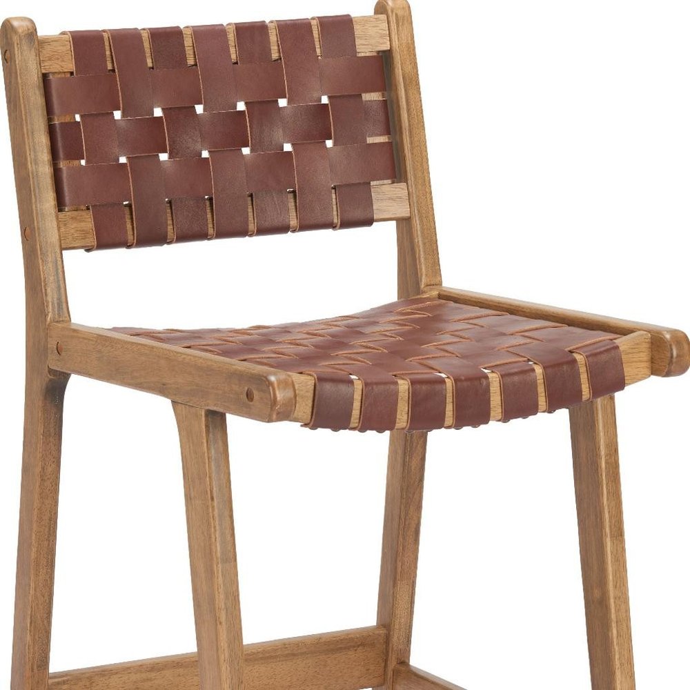 Set of Two 26" Brown Leather And Solid Wood Low Back Counter Height Bar Chairs