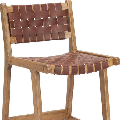 Set of Two 26" Brown Leather And Solid Wood Low Back Counter Height Bar Chairs