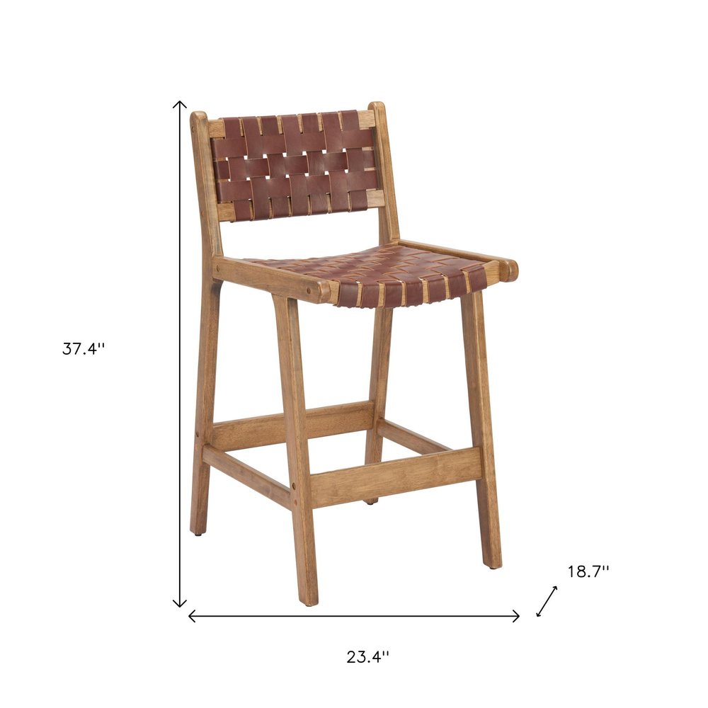 Set of Two 26" Brown Leather And Solid Wood Low Back Counter Height Bar Chairs