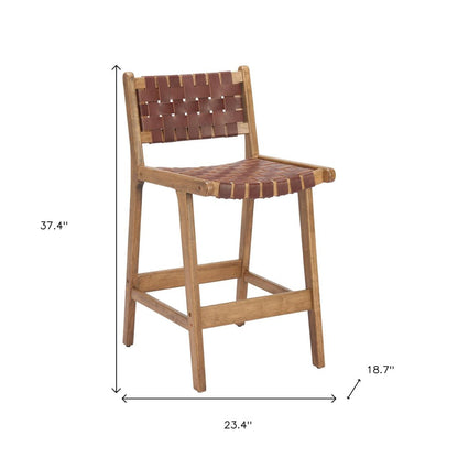 Set of Two 26" Brown Leather And Solid Wood Low Back Counter Height Bar Chairs