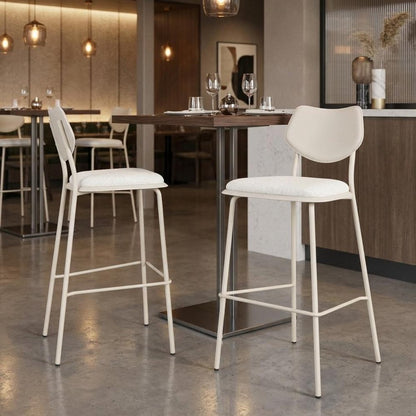 Set of Four 30" Light Gray Fabric And Faux Leather And Steel Bar Height Bar Chairs