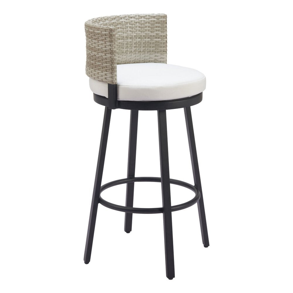 31" Black Natural And White Woven Aluminum And Rattan Low Back Outdoor Bar Height Chair