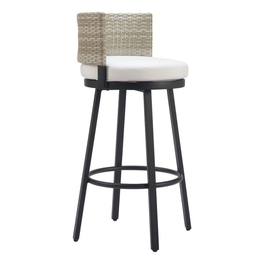 31" Black Natural And White Woven Aluminum And Rattan Low Back Outdoor Bar Height Chair