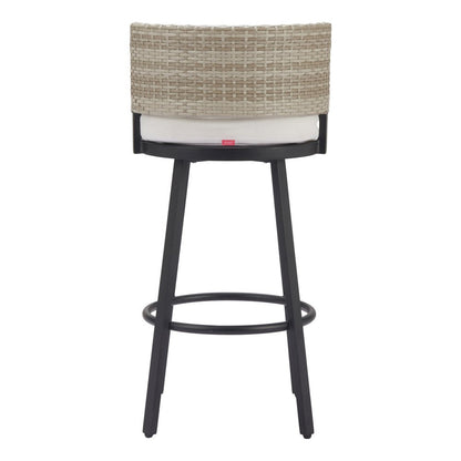 31" Black Natural And White Woven Aluminum And Rattan Low Back Outdoor Bar Height Chair