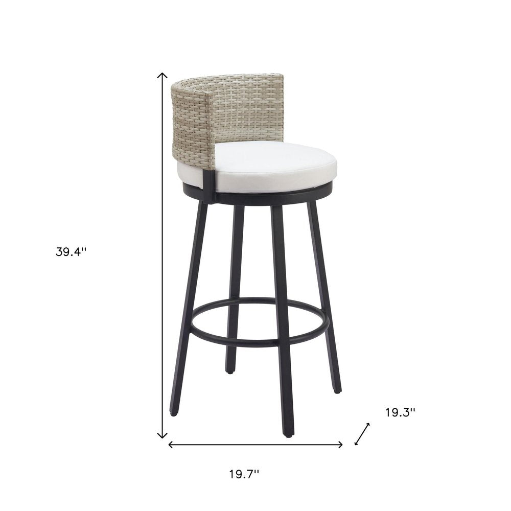 31" Black Natural And White Woven Aluminum And Rattan Low Back Outdoor Bar Height Chair
