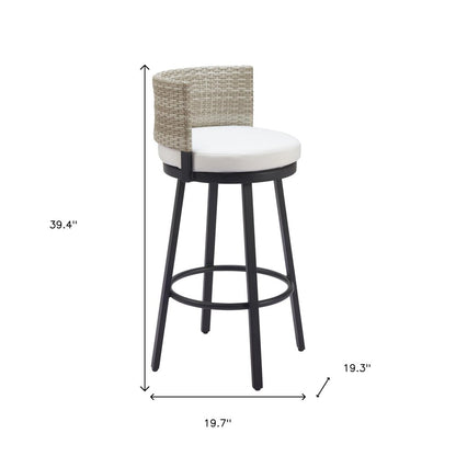 31" Black Natural And White Woven Aluminum And Rattan Low Back Outdoor Bar Height Chair