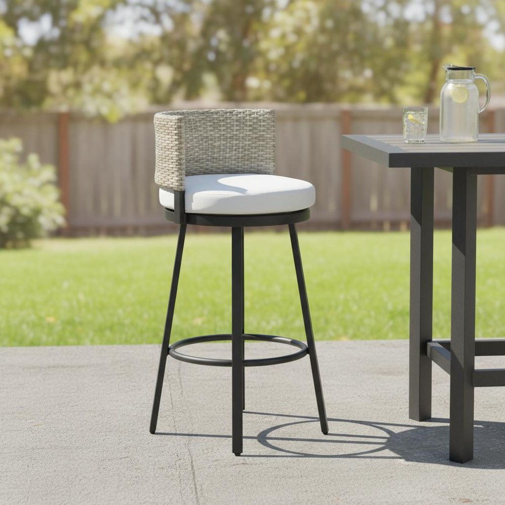 31" Black Natural And White Woven Aluminum And Rattan Low Back Outdoor Bar Height Chair