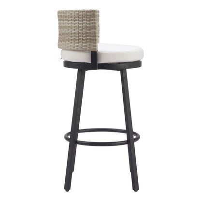 31" Black Natural And White Woven Aluminum And Rattan Low Back Outdoor Bar Height Chair