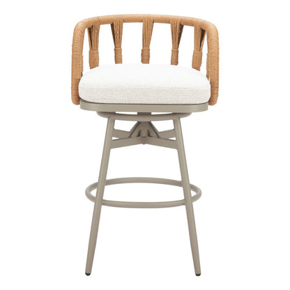 30" Gray Natural and White Aluminum And Faux Rattan Swivel Bar Height Chair