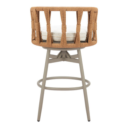 30" Gray Natural and White Aluminum And Faux Rattan Swivel Bar Height Chair
