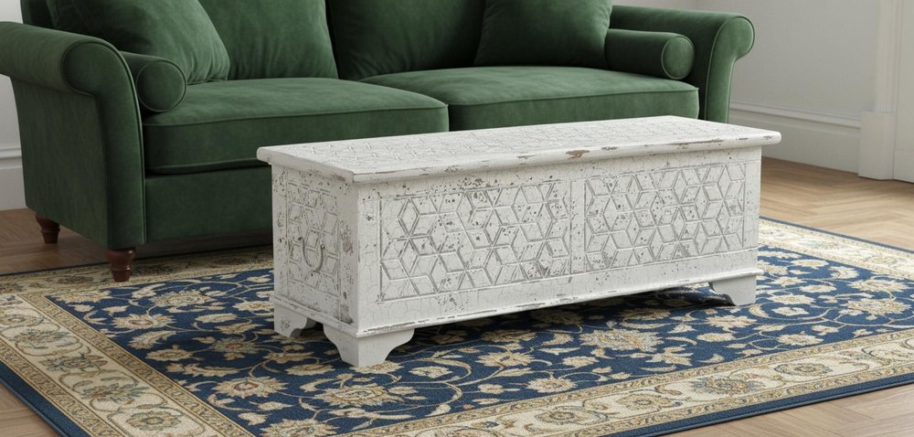 52" White Solid Wood Geometric Ottoman