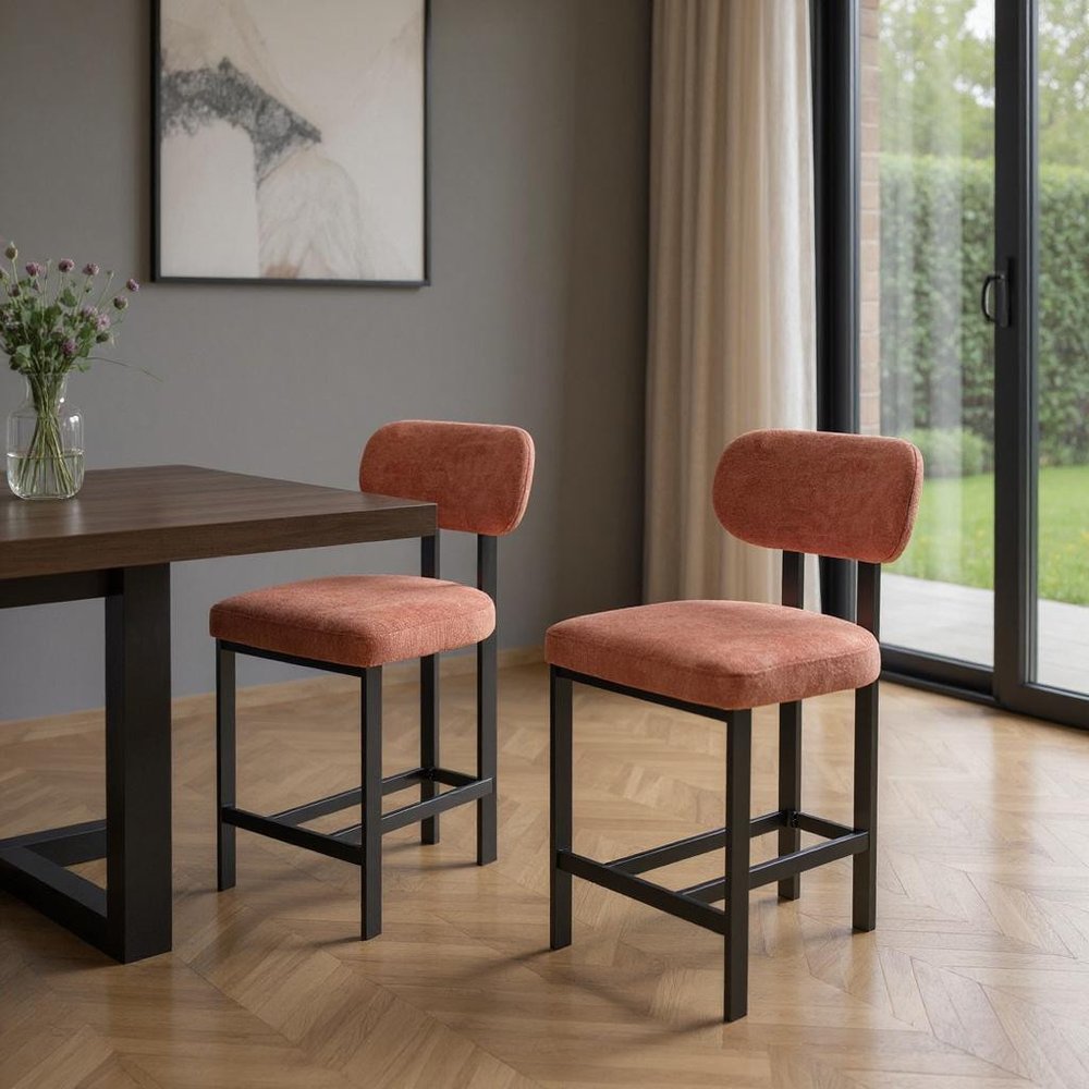 Set of Two 26" Orange And Black Fabric And Steel Low Back Counter Height Bar Chairs
