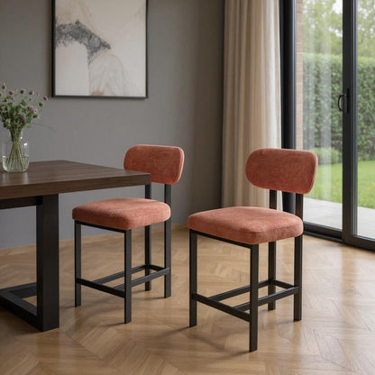 Set of Two 26" Orange And Black Fabric And Steel Low Back Counter Height Bar Chairs