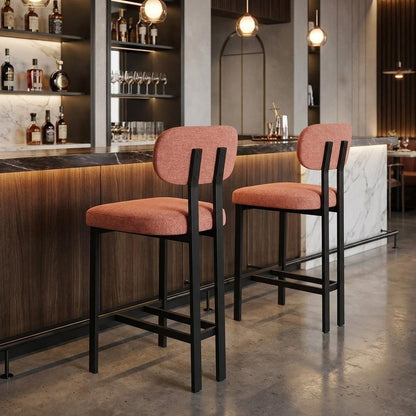 Set of Two 26" Orange And Black Fabric And Steel Low Back Counter Height Bar Chairs
