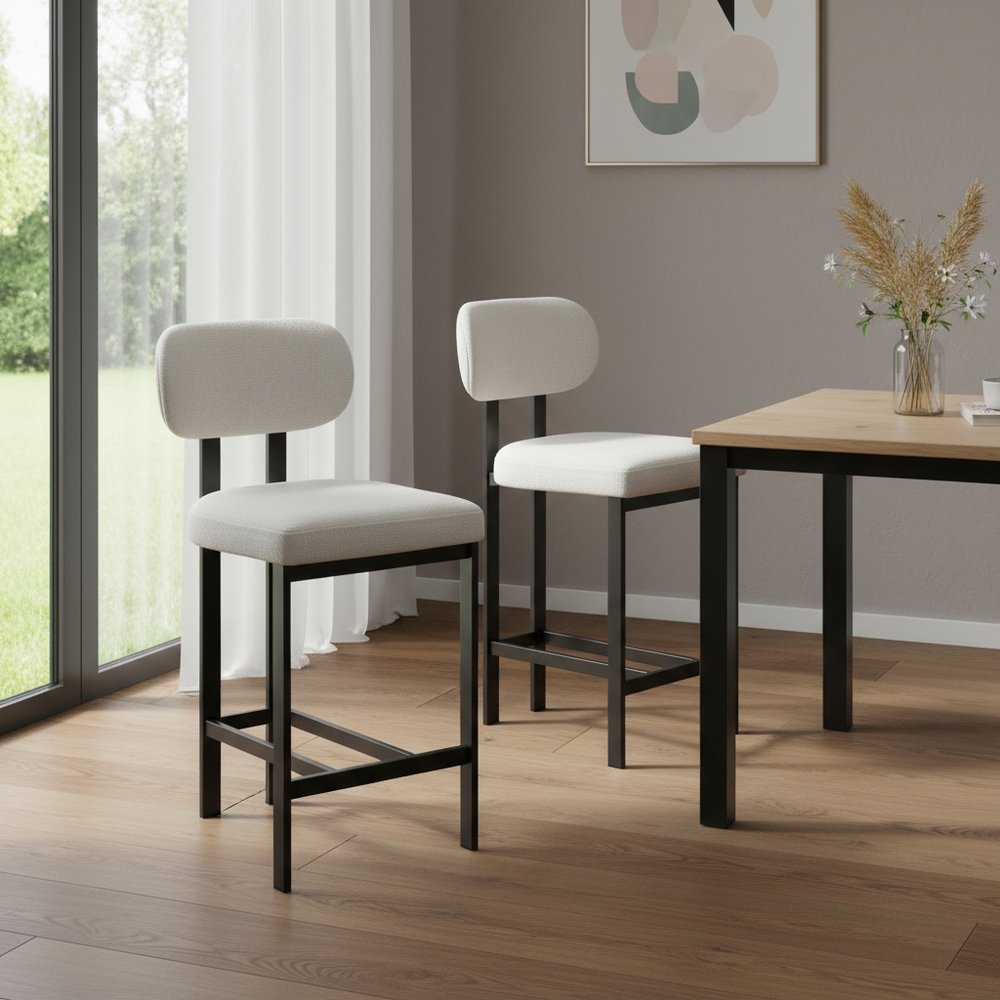 Set of Two 26" White And Black Fabric And Steel Low Back Counter Height Bar Chairs