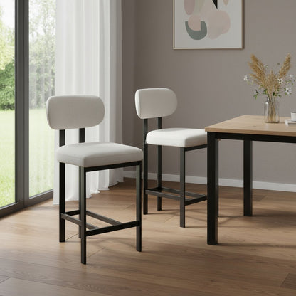 Set of Two 26" White And Black Fabric And Steel Low Back Counter Height Bar Chairs