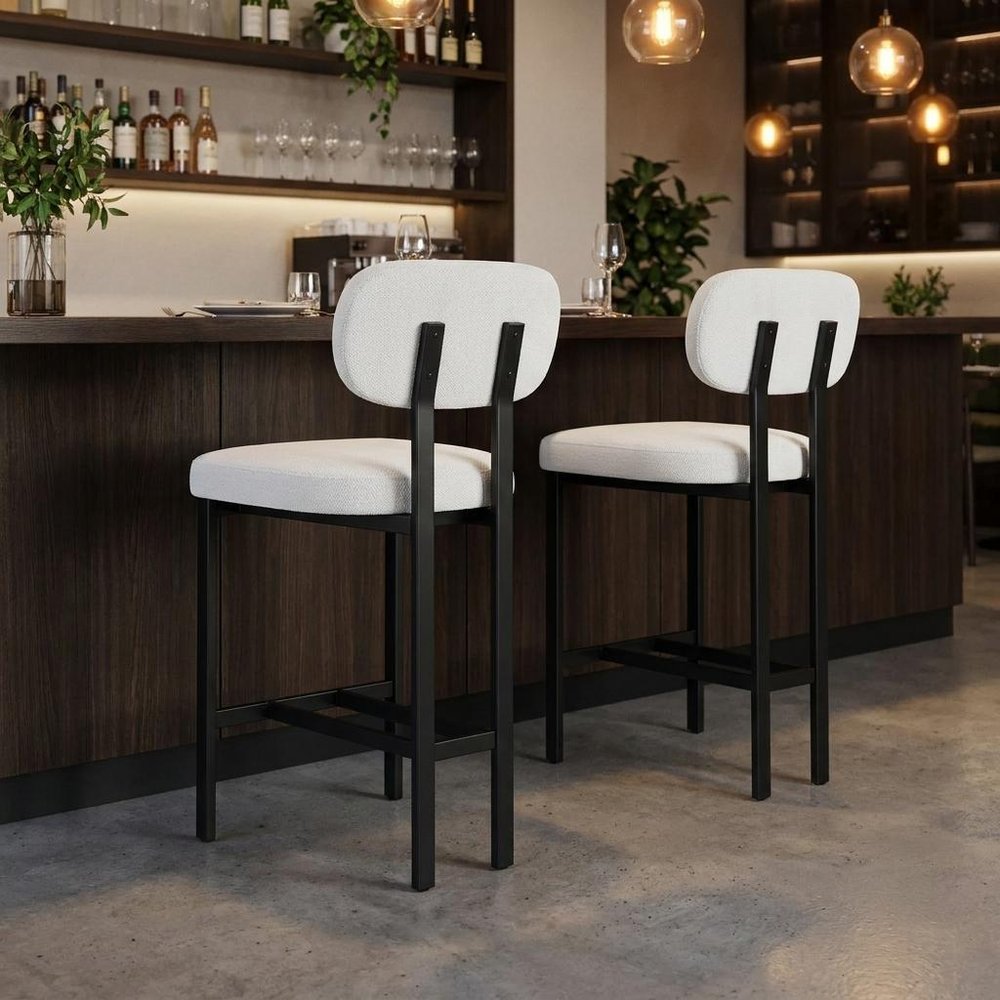 Set of Two 26" White And Black Fabric And Steel Low Back Counter Height Bar Chairs