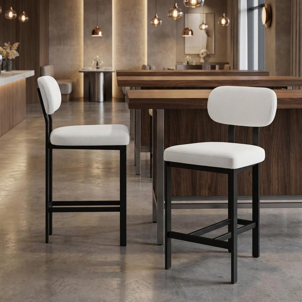 Set of Two 26" White And Black Fabric And Steel Low Back Counter Height Bar Chairs