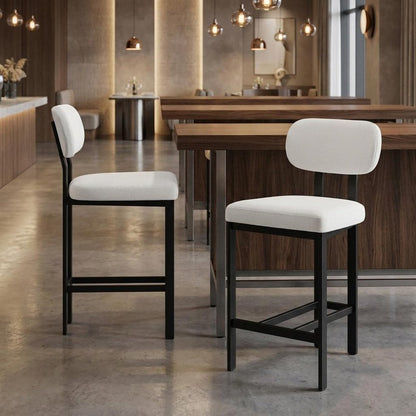 Set of Two 26" White And Black Fabric And Steel Low Back Counter Height Bar Chairs