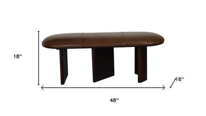 48" Brown Genuine Leather and Solid Wood Upholstered Bench