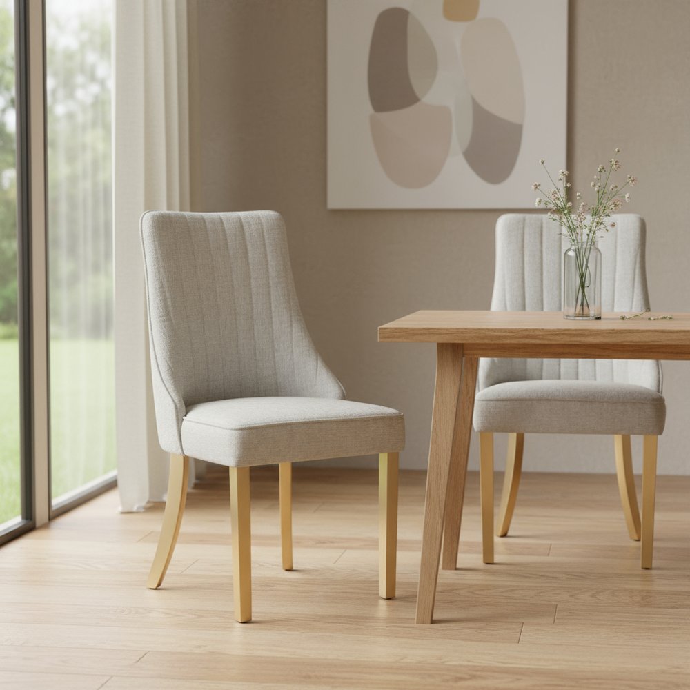 Set of Two Gray And Gold Chenille And Stainless Steel Dining Side Chairs