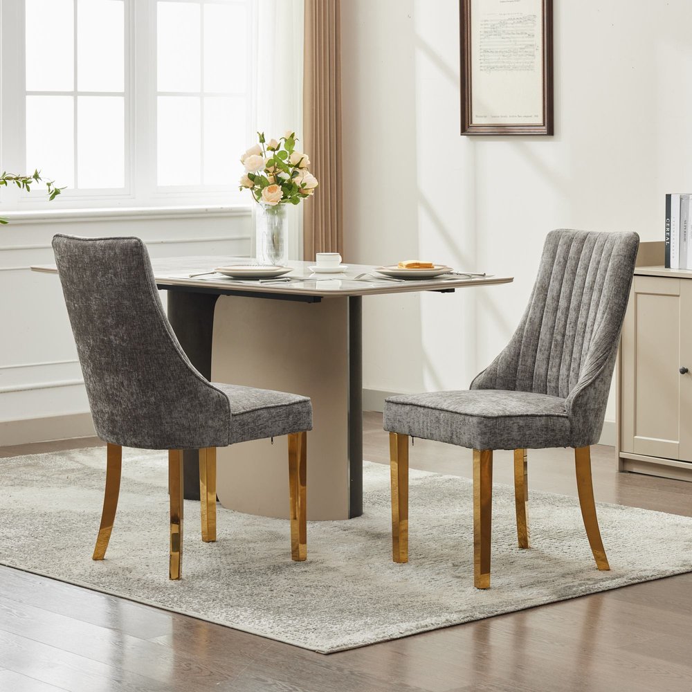 Set of Two Gray And Gold Chenille And Stainless Steel Dining Side Chairs