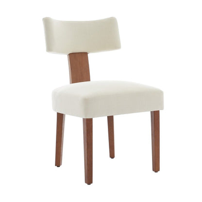 Set of Two Beige White And Brown Linen And Solid Wood Wing Back Dining Side Chairs