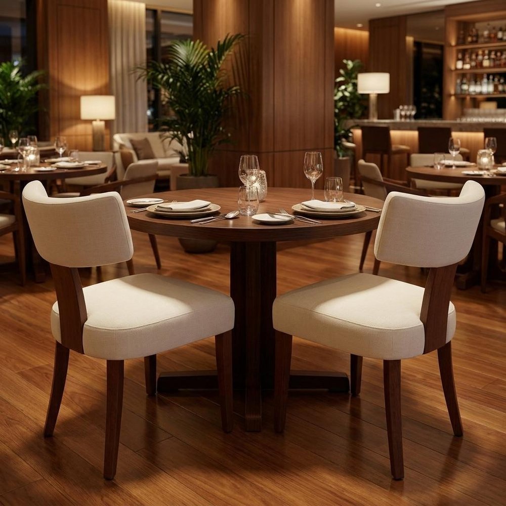 Set of Two Beige White And Brown Linen And Solid Wood Wing Back Dining Side Chairs