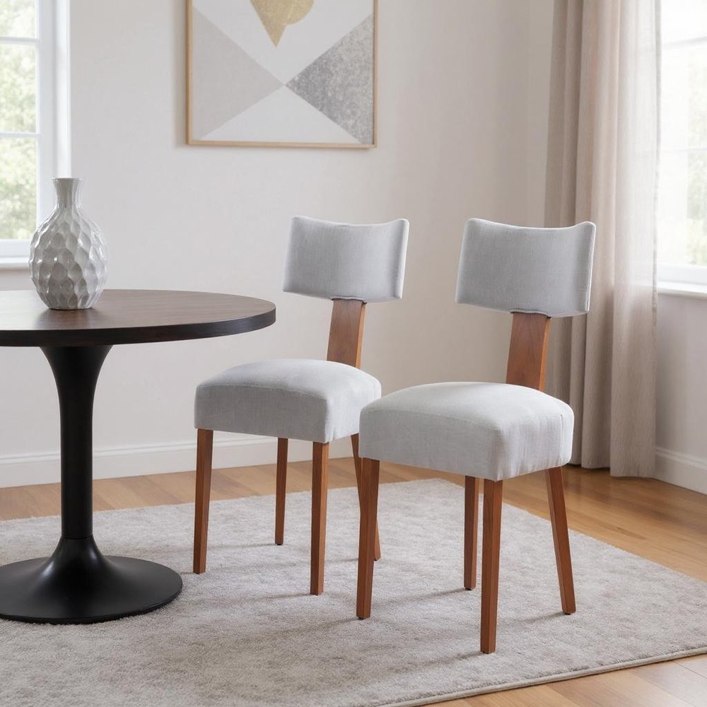 Set of Two Gray And Brown Linen And Solid Wood Dining Side Chairs