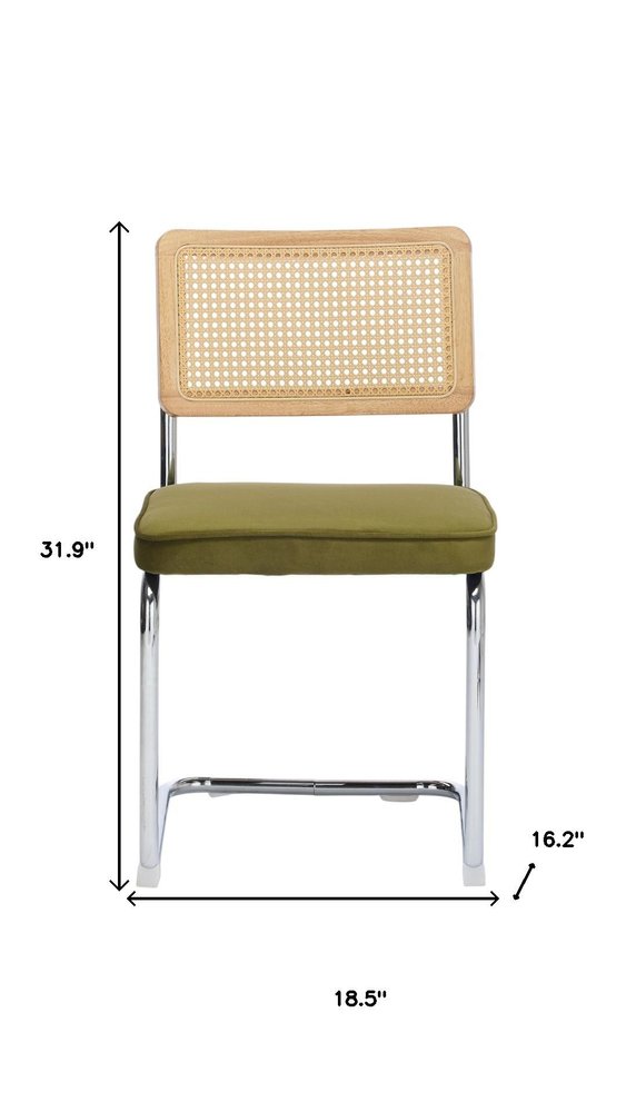 Set of Two Green Natural And Silver Velvet Rattan And Stainless Steel Dining Chairs