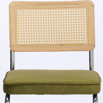 Set of Two Green Natural And Silver Velvet Rattan And Stainless Steel Dining Chairs