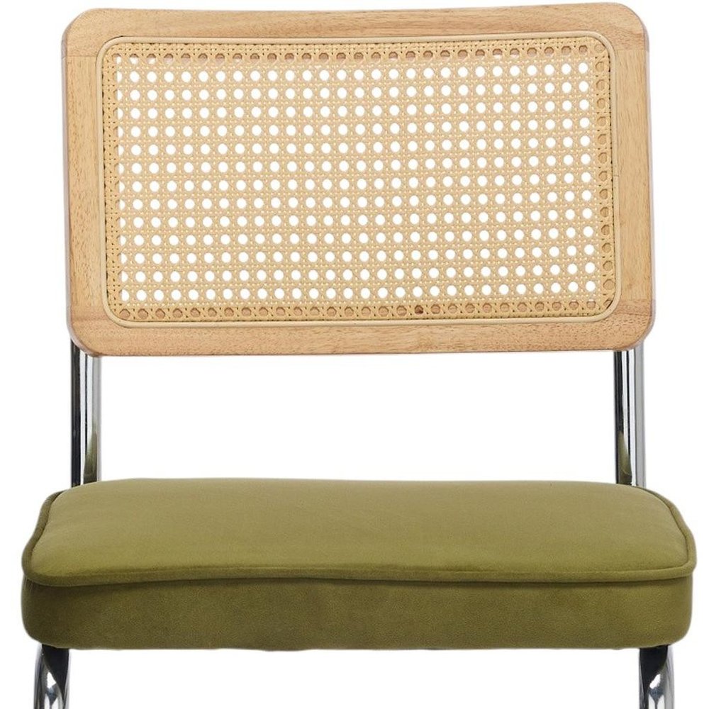 Set of Two Green Natural And Silver Velvet Rattan And Stainless Steel Dining Chairs