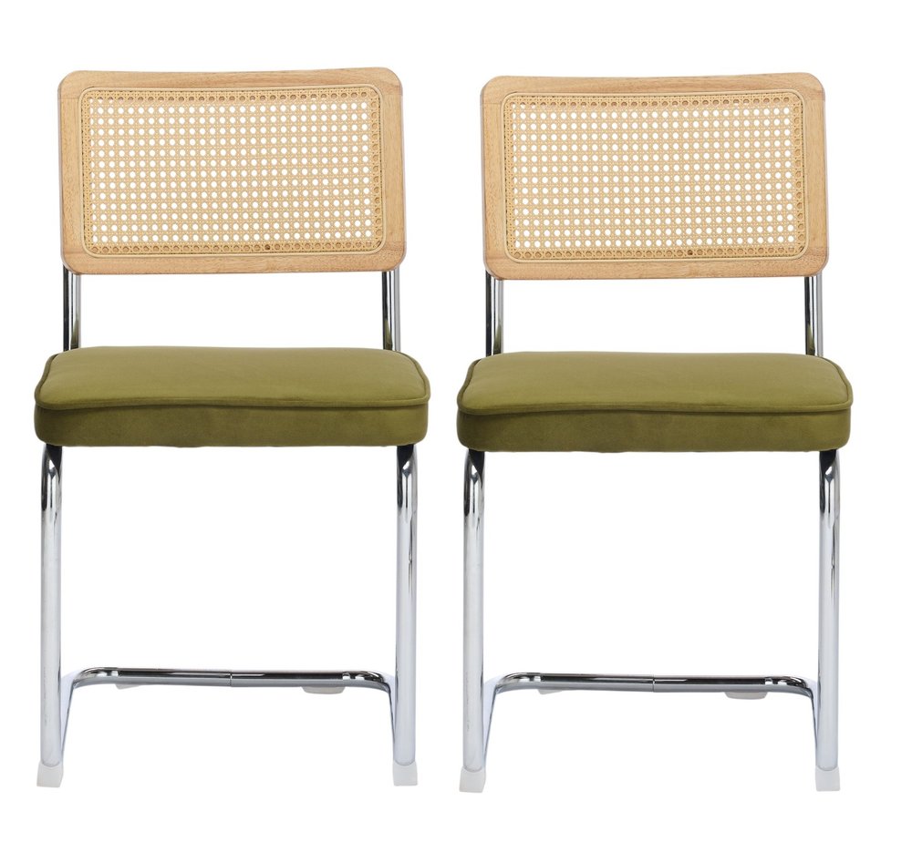Set of Two Green Natural And Silver Velvet Rattan And Stainless Steel Dining Chairs