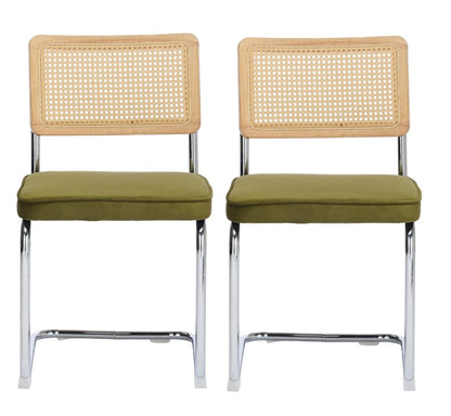 Set of Two Green Natural And Silver Velvet Rattan And Stainless Steel Dining Chairs