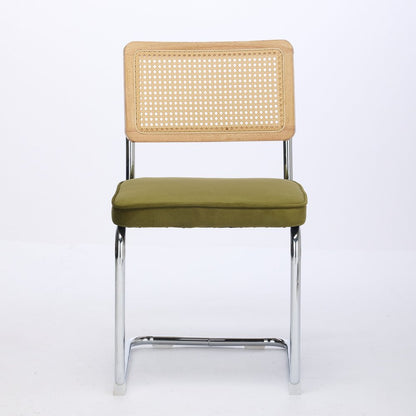 Set of Two Green Natural And Silver Velvet Rattan And Stainless Steel Dining Chairs